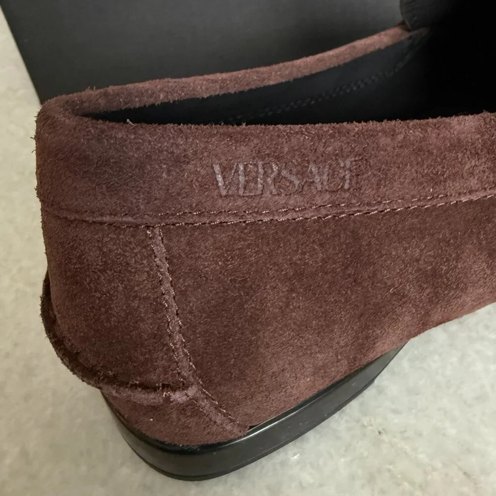 VERSACE 1009707 Medusa Men's Brown Suede Driver‎ Shoes, 40.5